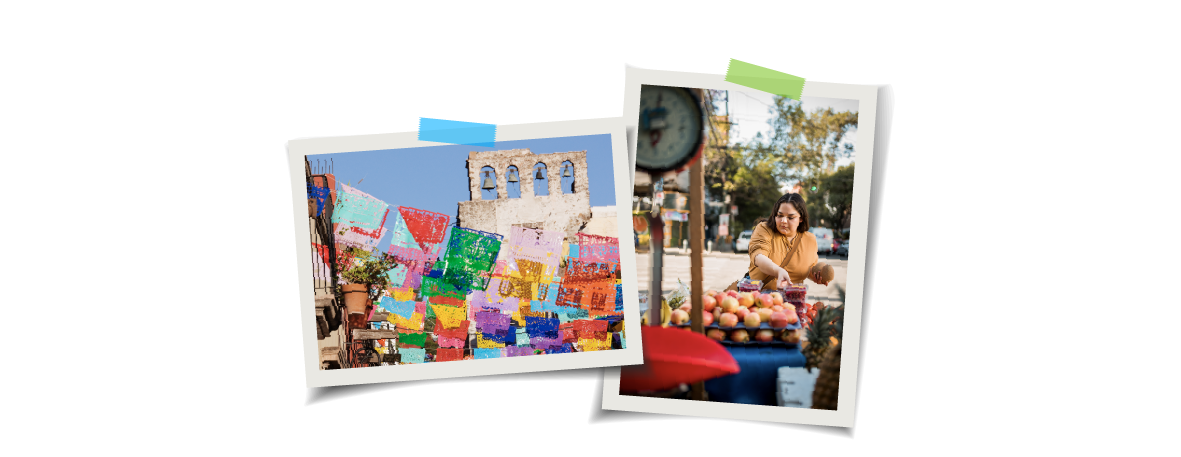 Polaroid image of a woman at a market and colorful flags