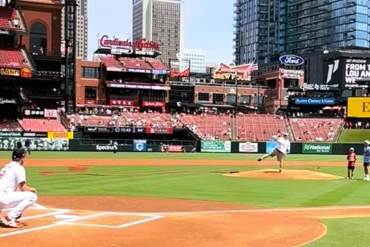 Farmer Danny throughs the first pitch at Busch Stadium on Farmer Appreciation Day